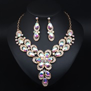 ( AB white)  occidental style luxurious exaggerating gem flowers clavicle short necklace earrings set