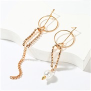 ( Gold)occidental style exaggerating long style asymmetry tassel Rhinestone earrings woman ins trend Pearl geometry ear