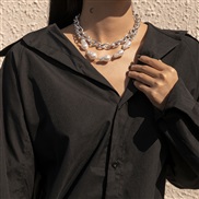 ( Silver)occidental style  punk personality Irregular Pearl necklace woman  multilayer geometry chain two chain