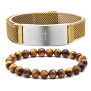 ( Gold+)stainless steel bracelet cross chain buckle eyes black agate lovers gift