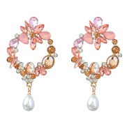 ( Pink)earrings fashion colorful diamond series Alloy diamond geometry flowers earrings woman imitate Pearl earring