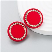 ( red)Korean style fashion brief samll Round embed Rhinestone earrings woman color trend ear stud arring