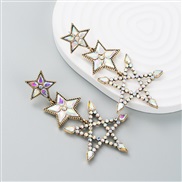 ( white)occidental style fashion exaggerating Alloy color Rhinestone earrings Five-pointed star long style trend Street