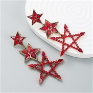 ( red)occidental style fashion exaggerating Alloy color Rhinestone earrings Five-pointed star long style trend Street S