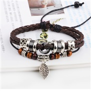 ( Dark brown) leaves beads bracelet Alloy eaf weavePU leather rope
