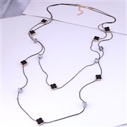 ( four leaf ) Korean style fashion concise all-Purpose square crystal Double layer temperament long necklace sweater