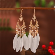 (DC  white)sector tassel feather earrings woman long style Bohemia beads occidental style arring