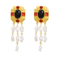 ( black)medium earrings occidental style retro Earring woman imitate Pearl tassel Bohemian style