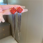 ( Silver needle  red Set in drillrhombus  Tassels)retro samll diamond rhombus tassel silver earrings personality occide