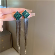 ( Silver needle  green Set in drillrhombus  Tassels)retro samll diamond rhombus tassel silver earrings personality occi