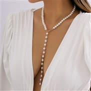 ( 1  Gold 5181)occidental style  brief all-Purpose imitate Pearl beads clavicle necklace  fashion retro long style tass