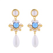 ( blue)silver earrings high retro ethnic style Earring woman Alloy embed Pearl pendant samll earrings