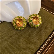 ( Silver needle  green Set in drillcircular )retro palace wind enamel diamond Round silver ear stud gold samll temperam