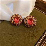 ( Silver needle  Pink Set in drillcircular )retro palace wind enamel diamond Round silver ear stud gold samll temperame