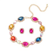 ( Color)occidental style earrings necklace set woman Round glass diamond ear stud sweater chain bride