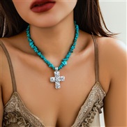 ( White K+ blue 6 14)occidental style fashion Irregular gravel cross necklace  brief all-Purpose naturalnecklace