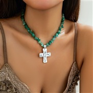 ( White K+ green 6 14)occidental style fashion Irregular gravel cross necklace  brief all-Purpose naturalnecklace