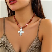 ( White K+red coffeeg  6 14)occidental style fashion Irregular gravel cross necklace  brief all-Purpose naturalnecklace