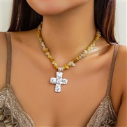 ( White K+ Mixed color 6 14)occidental style fashion Irregular gravel cross necklace  brief all-Purpose naturalnecklace