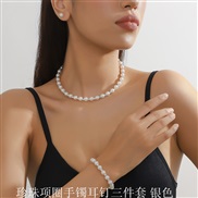 (Pearl  three piece suit  Silver)occidental style brief Pearl Rhinestone chain Collar claw chain bangle ear stud circle