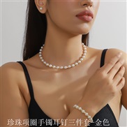 (Pearl  three piece suit  Gold)occidental style brief Pearl Rhinestone chain Collar claw chain bangle ear stud circle t