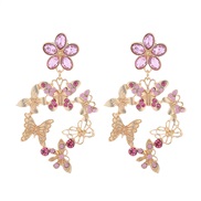 ( Pink)occidental style fashion retro silver colorful diamond earrings woman exaggerating multilayer butterfly flowers 