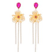 ( Gold+ rose Red)E occidental style long style flowers tassel earrings  exaggerating retro elegant personality Metal di