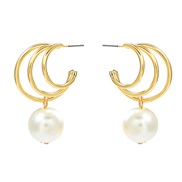( Gold)autumn Alloy earrings occidental style exaggerating Earring woman multilayer Metal cirque elegant imitate Pearl 