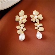 ( Silver needle  green FlowerPearl )retro enamel flowers drop Pearl silver earrings fashion samll high temperament Earr