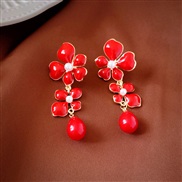 ( Silver needle  red FlowerPearl )retro enamel flowers drop Pearl silver earrings fashion samll high temperament Earrin