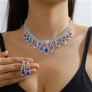 ( electroplated silvery ) Rhinestone blue color necklace earrings two set banquet necklace