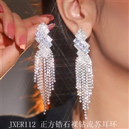 (JXER 112zircon   Tassels  Silver)occidental style exaggerating zircon diamond geometry big earrings woman personality 