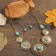 (gold +blue )occidental style fashion retro turquoise necklace Round flowers necklace earrings set