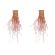 ( Pink)Autumn and Winter occidental style earrings woman Alloy diamond long style feather tassel Earring Bohemia