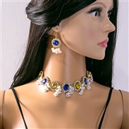 (E5863 2/ blue)occidental style retro exaggerating diamond set  luxurious necklace Round Pearl tassel earrings woman