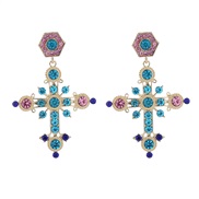 ( blue)occidental style colorful diamond ear stud style Bohemia ethnic style Alloy diamond cross earrings woman