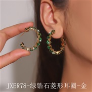 (JXER78 green zircon rhombus   Gold)  occidental style exaggerating color zircon claw chain circle woman Round Earring 