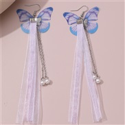(EZ4888lanse)E long style tassel woman occidental style butterfly earrings woman Earring Pearl pendant ribbon wind woma