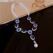 ( necklace  Silver  blue)silver diamond Pearl tassel ear stud necklace retro palace wind earrings Earring woman