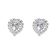 ( Silver)bronze embed zircon earrings heart-shaped ear stud woman occidental style exaggerating fully-jewelled Peach he