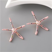( Pink)occidental style brief personality starfish Pearl ear stud Alloy diamond Earring