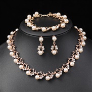 ( apricot)Korean style Pearl necklace earrings set bride all-Purpose fashion small fresh Alloy two