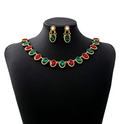 (E4 58/red  green Ellipse)occidental style luxurious Oval square set  flowers bride necklace retro earrings woman