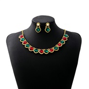 (E42 5 1/red  green square )occidental style luxurious Oval square set  flowers bride necklace retro earrings woman
