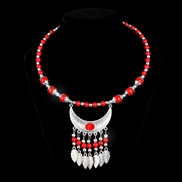 ( red1) ethnic style Collar necklace  handmade imitate silver necklace Collar  Beads Leaf tassel head