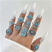 (2489  blue)occidental style retro wind imitate turquoise ring  flowers leaves eagle geometry ring set woman