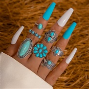 (24538 blue)occidental style retro wind imitate turquoise ring  flowers leaves eagle geometry ring set woman
