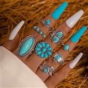 (23557 blue)occidental style retro wind imitate turquoise ring  flowers leaves eagle geometry ring set woman
