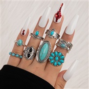 (23443 green)occidental style retro wind imitate turquoise ring  flowers leaves eagle geometry ring set woman