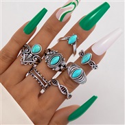(23585 green)occidental style retro wind imitate turquoise ring  flowers leaves eagle geometry ring set woman